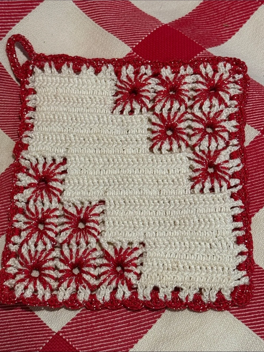 Handmade Cream and Red Crochet Pot Holder